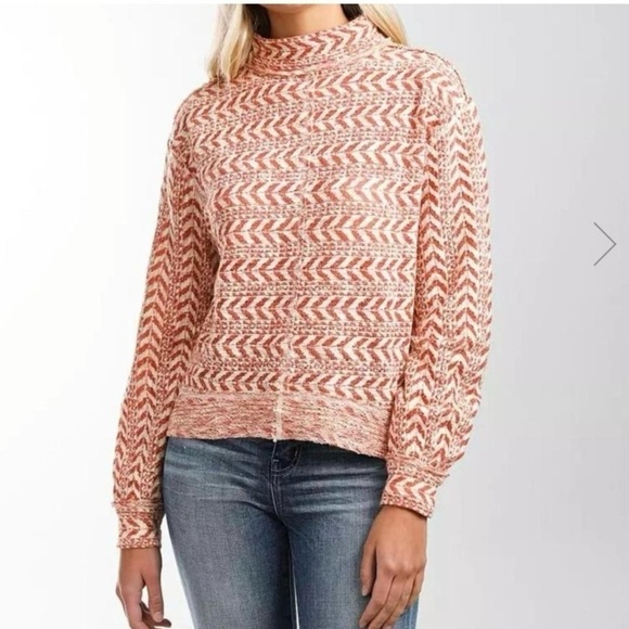 BKE women's Small raw edge mock neck knit long sleeve top burnt orange white - Picture 3 of 10